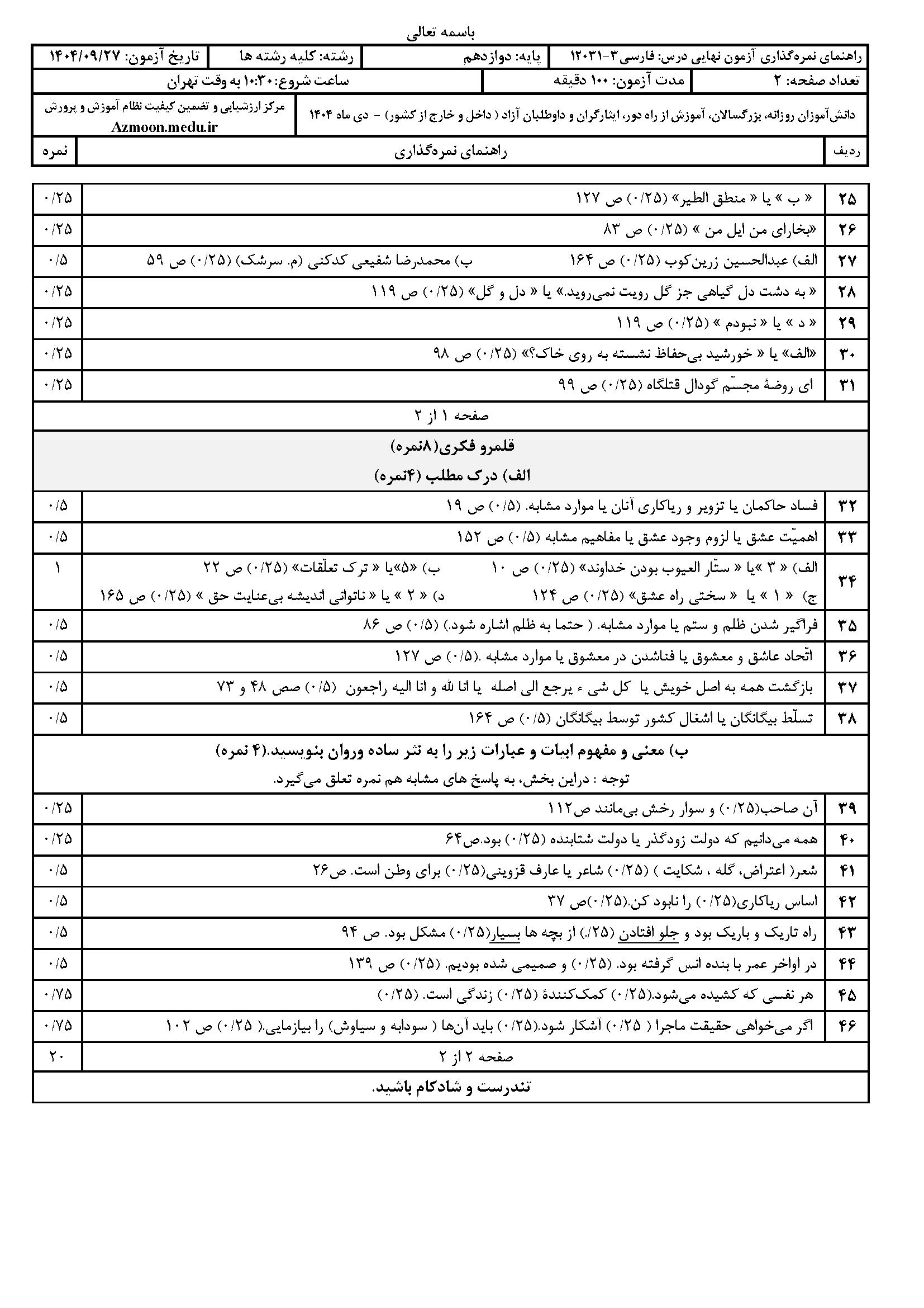 پاسخنامه فارسی دوازدهم ۱۴۰۴