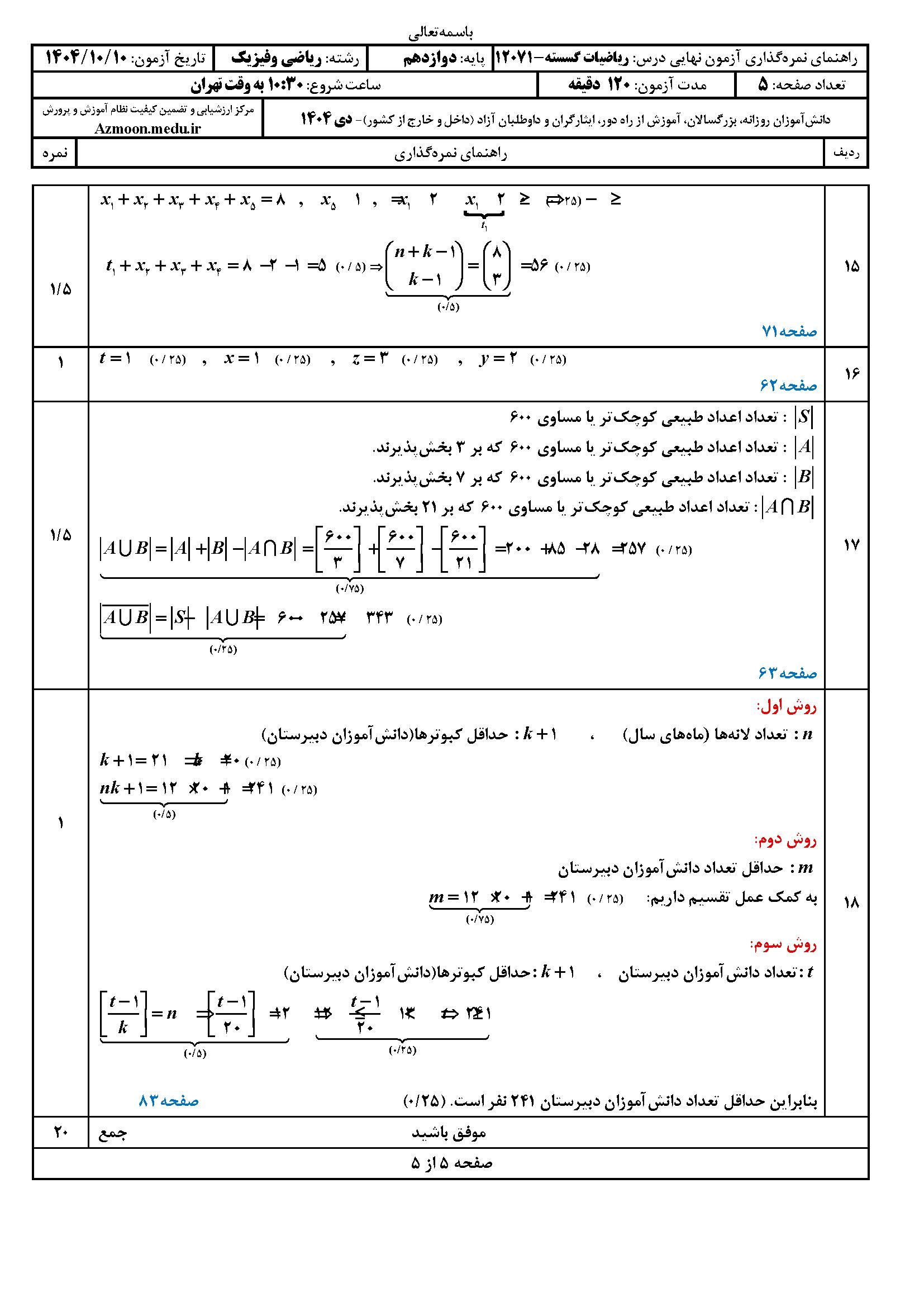 سوالات امتحان نهایی گسسته دوازدهم دی ماه ۱۴۰۴
