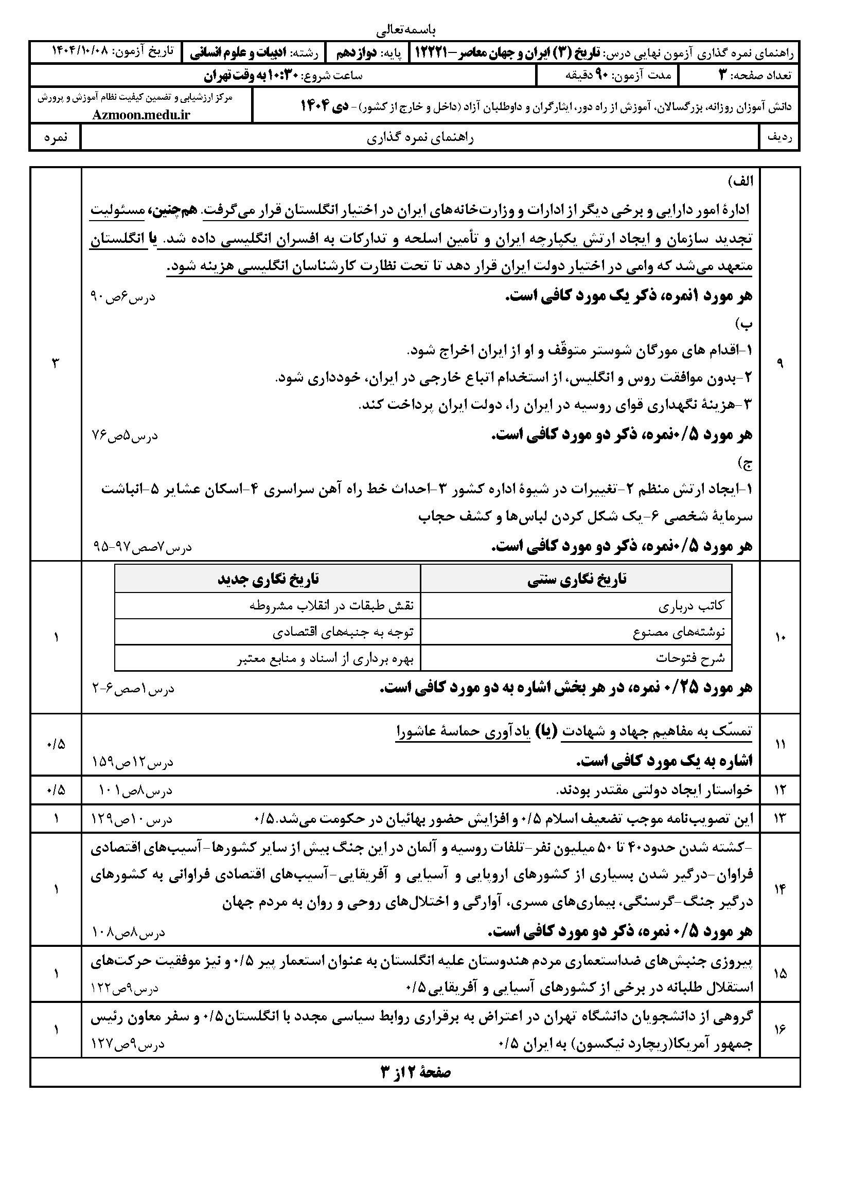 سوالات نهایی تاریخ دوازدهم انسانی ۱۴۰۴ دی ماه