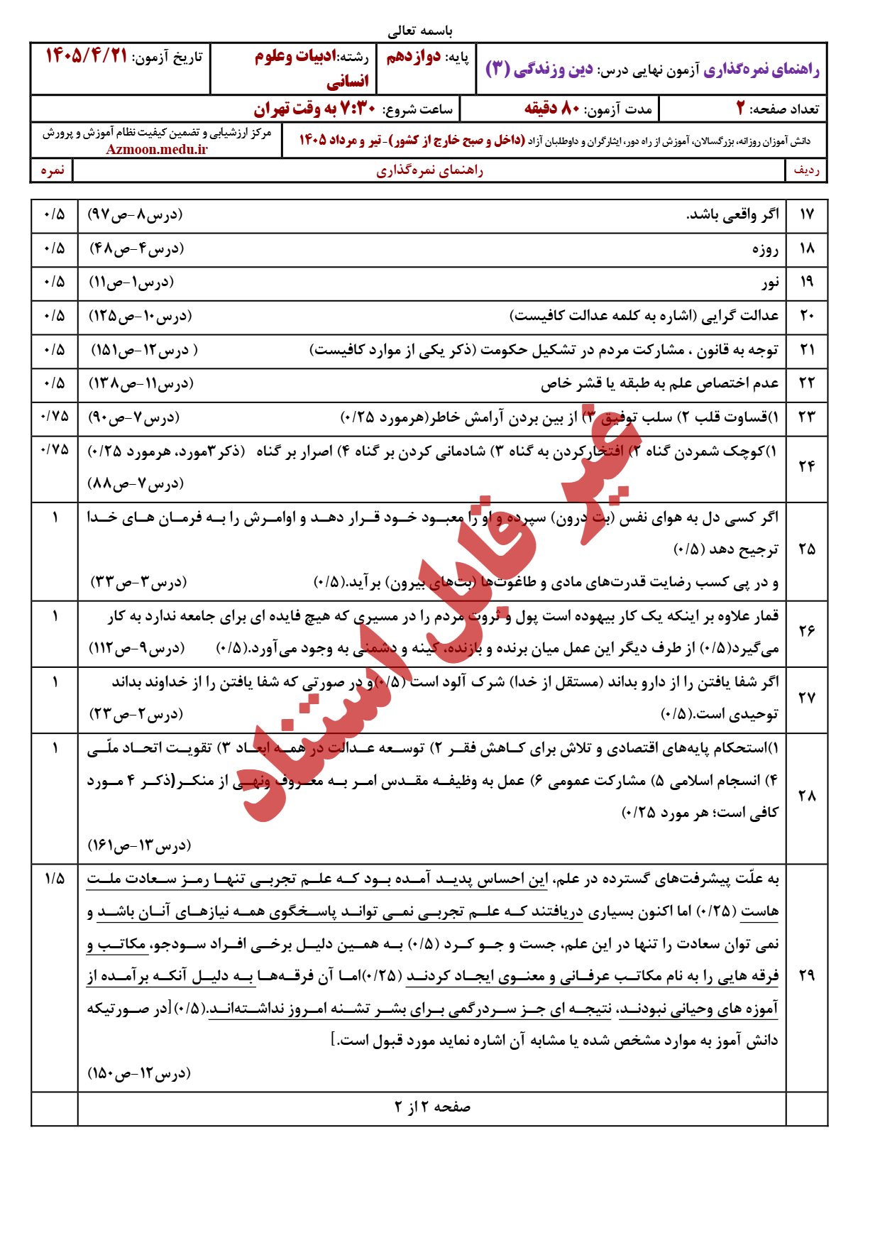 پاسخنامه امتحان نهایی دینی دوازدهم انسانی ۱۴۰۵
