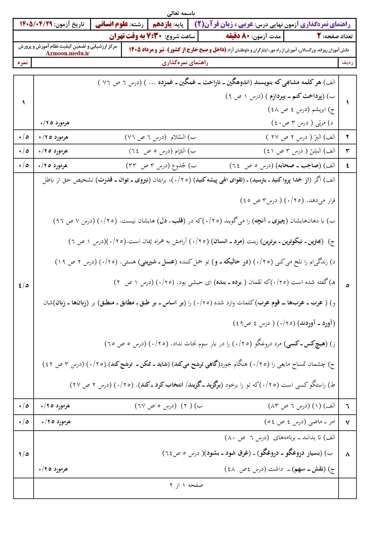 پاسخنامه امتحان نهایی عربی یازدهم انسانی تیر ۱۴۰۵