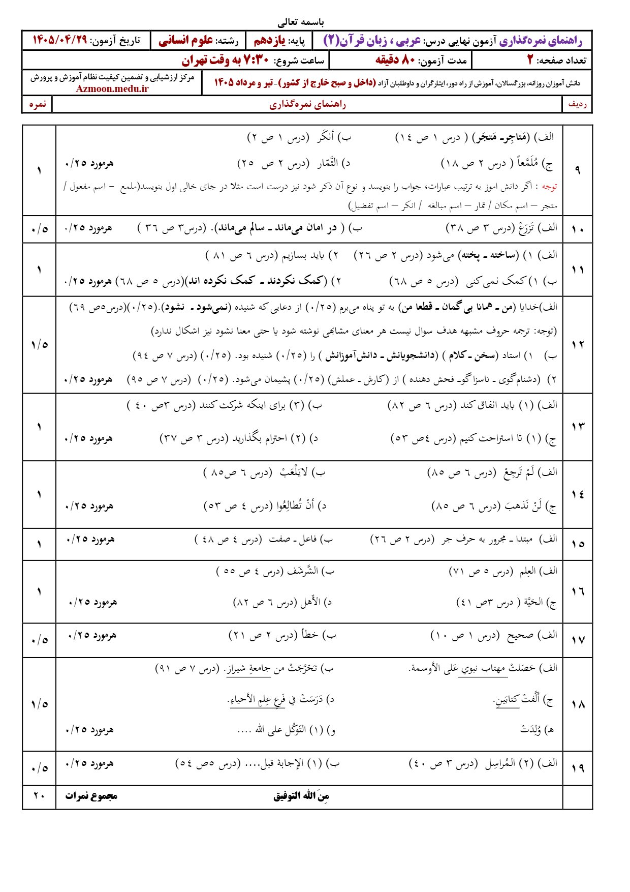 پاسخنامه امتحان نهایی عربی یازدهم انسانی تیر ۱۴۰۵