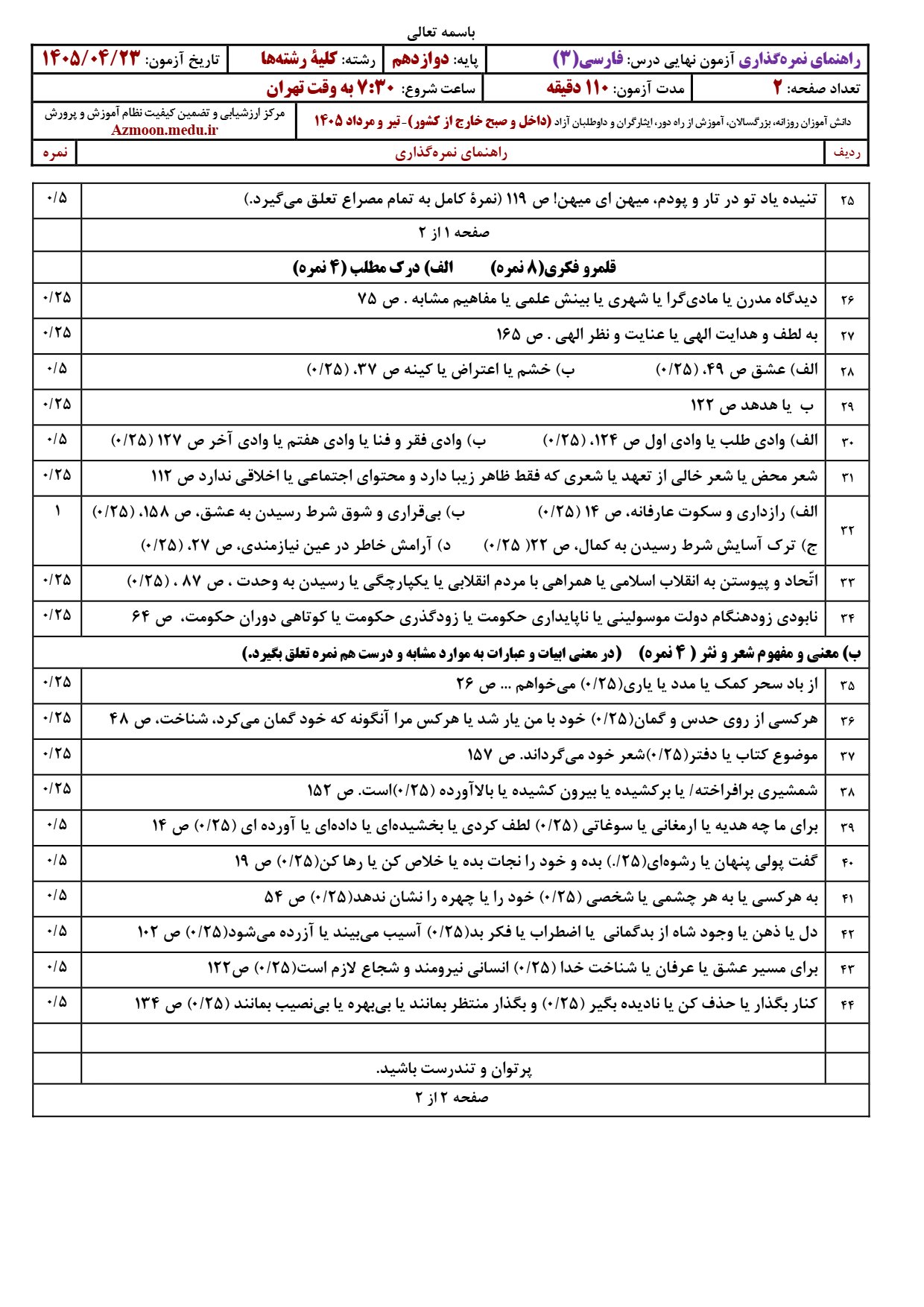 پاسخنامه امتحان نهایی فارسی دوازدهم ۱۴۰۵