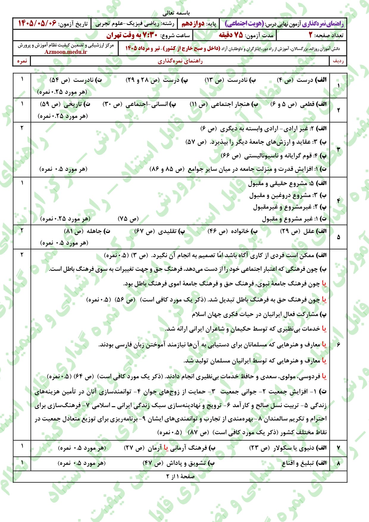 پاسخنامه سوالات امتحان نهایی هویت اجتماعی دوازدهم ۱۴۰۵