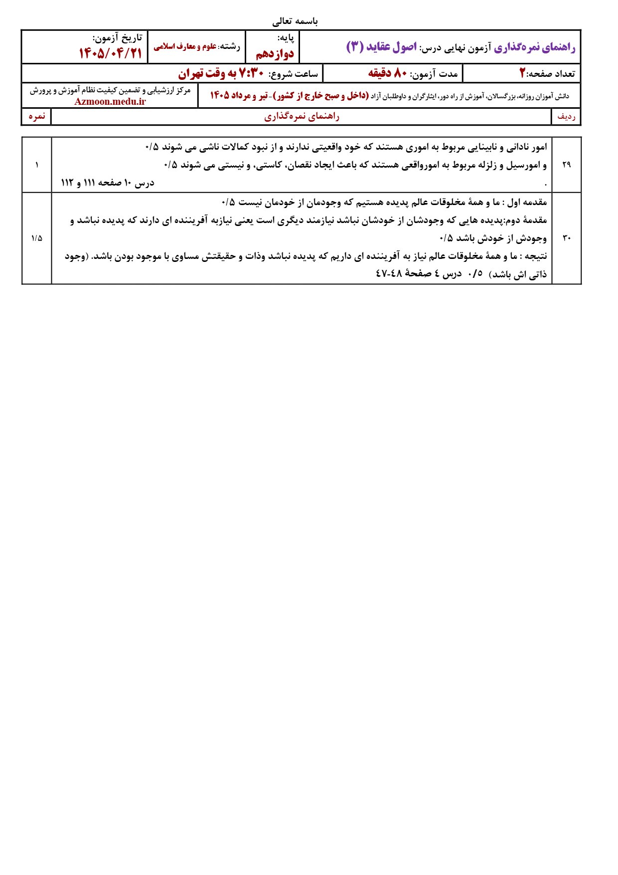 پاسخنامه امتحان نهایی اصول عقاید دوازدهم ۱۴۰۵