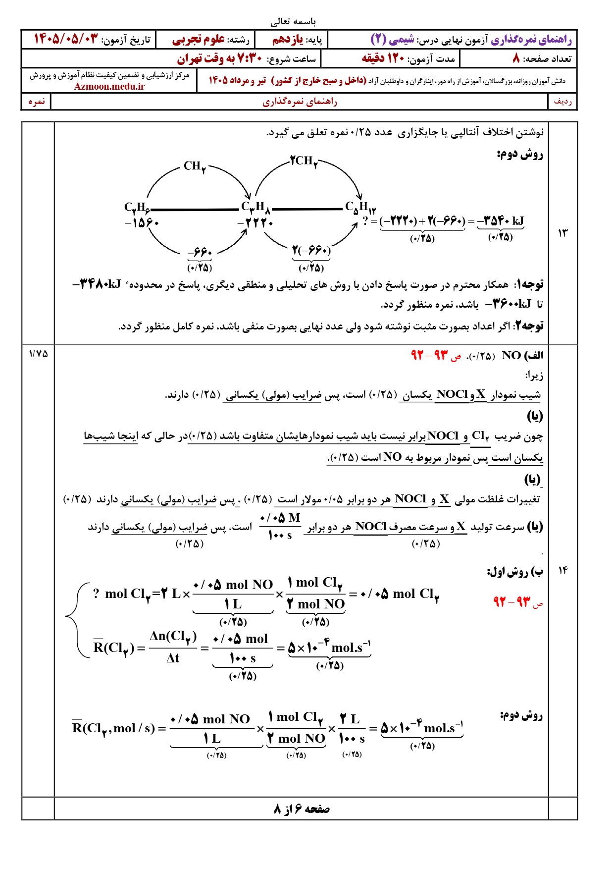 پاسخنامه نهایی شیمی یازدهم ۱۴۰۵