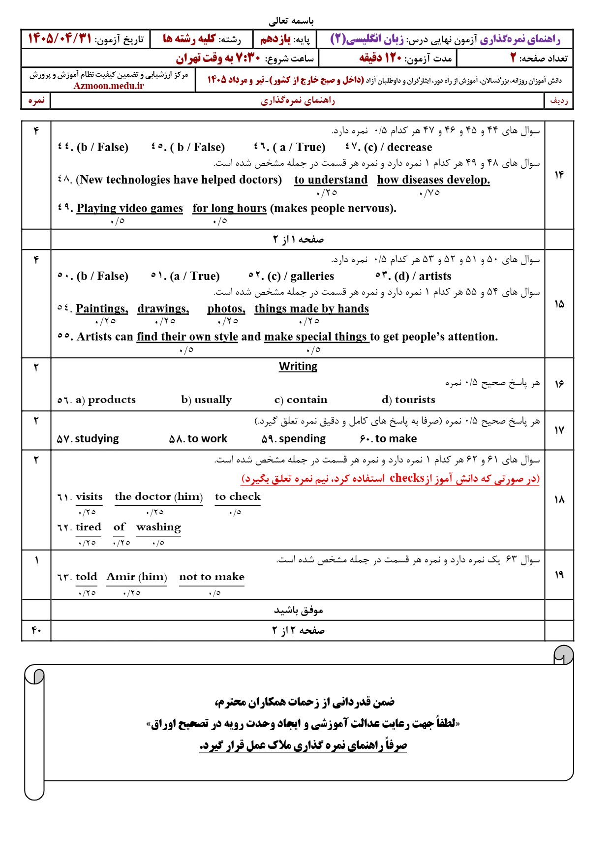 پاسخنامه امتحان نهایی زبان انگلیسی یازدهم ۱۴۰۵