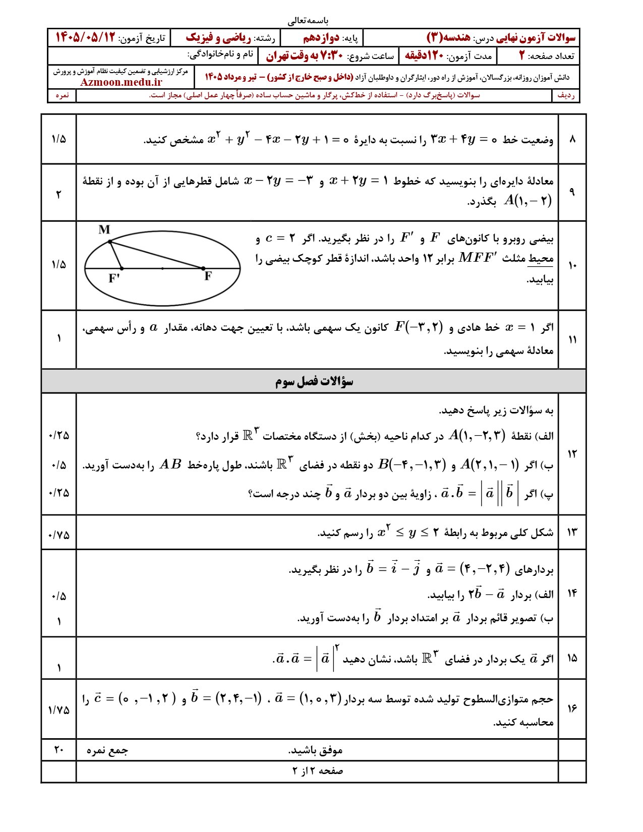 سوالات امتحان نهایی هندسه دوازدهم ۱۴۰۵