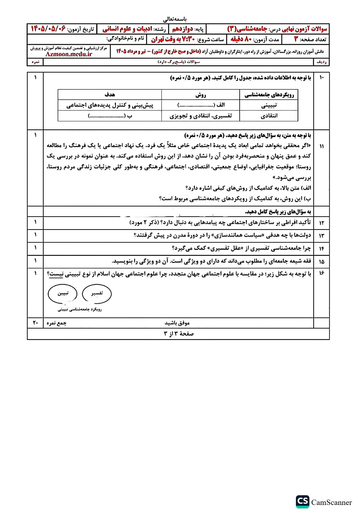 سوالات امتحان نهایی جامعه شناسی دوازدهم ۱۴۰۵