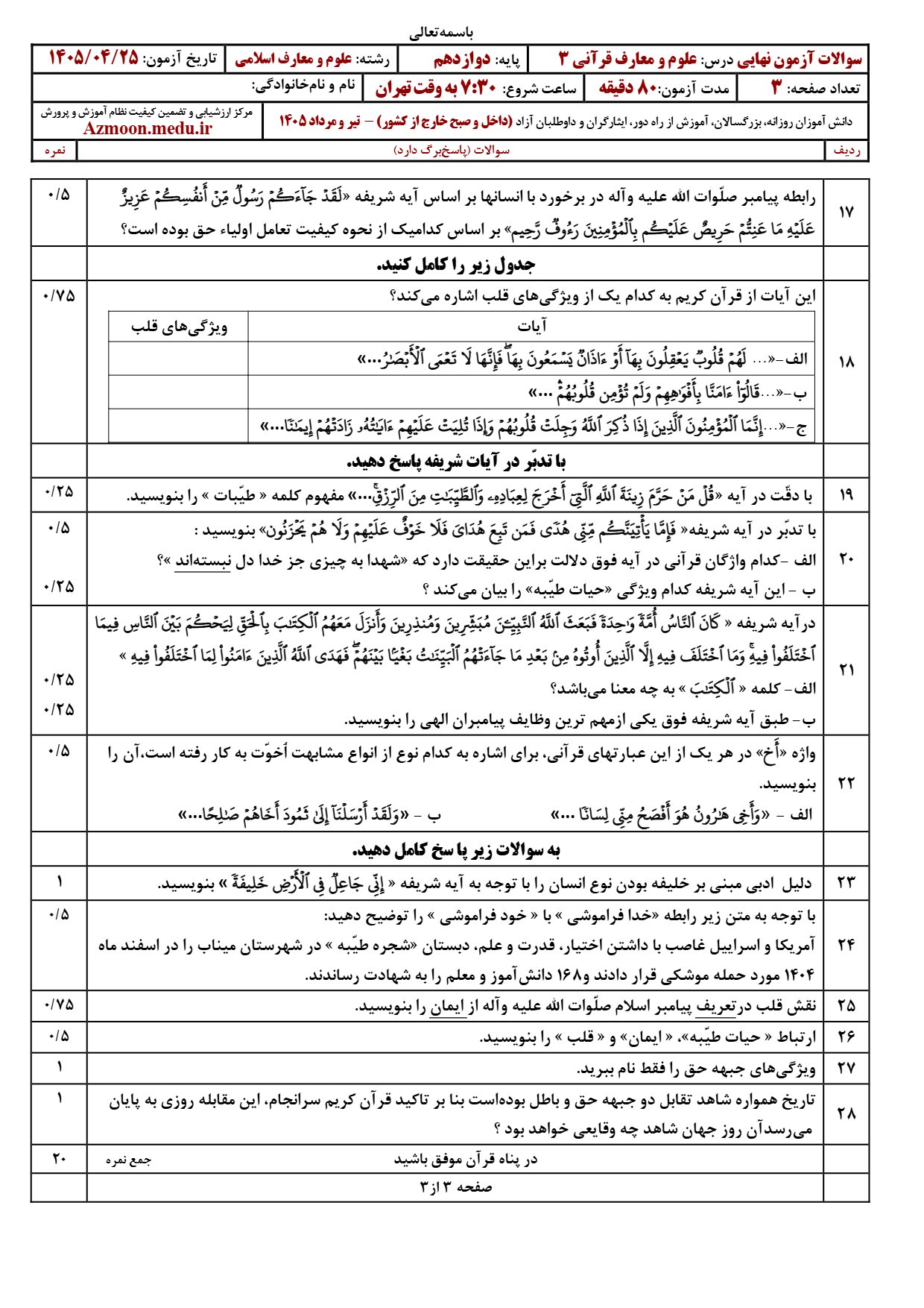 سوالات امتحان نهایی علوم و معارف قرآنی دوازدهم تیر ۱۴۰۵