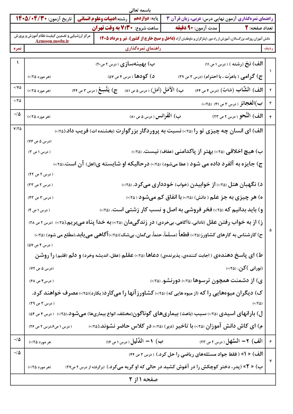 جواب سوالات امتحان نهایی عربی دوازدهم معارف تیر ۱۴۰۵