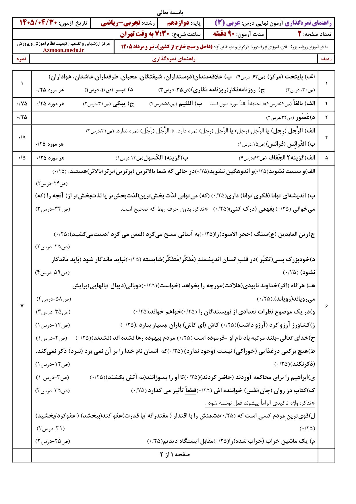 پاسخنامه امتحان نهایی عربی دوازدهم تیر ۱۴۰۵