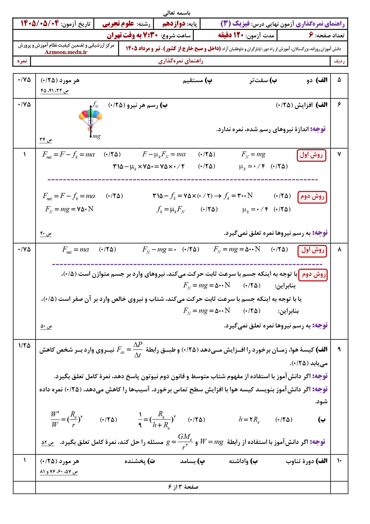 سوالات نهایی فیزیک دوازدهم تجربی ۱۴۰۵