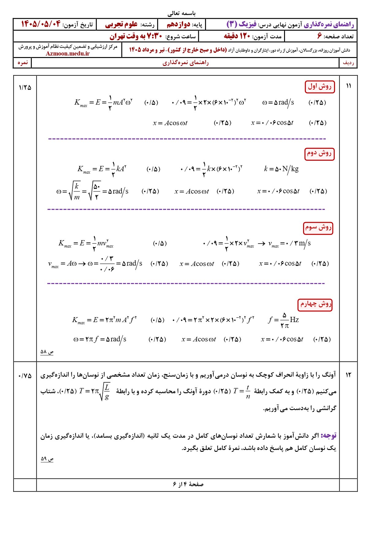 سوالات نهایی فیزیک دوازدهم تجربی ۱۴۰۵