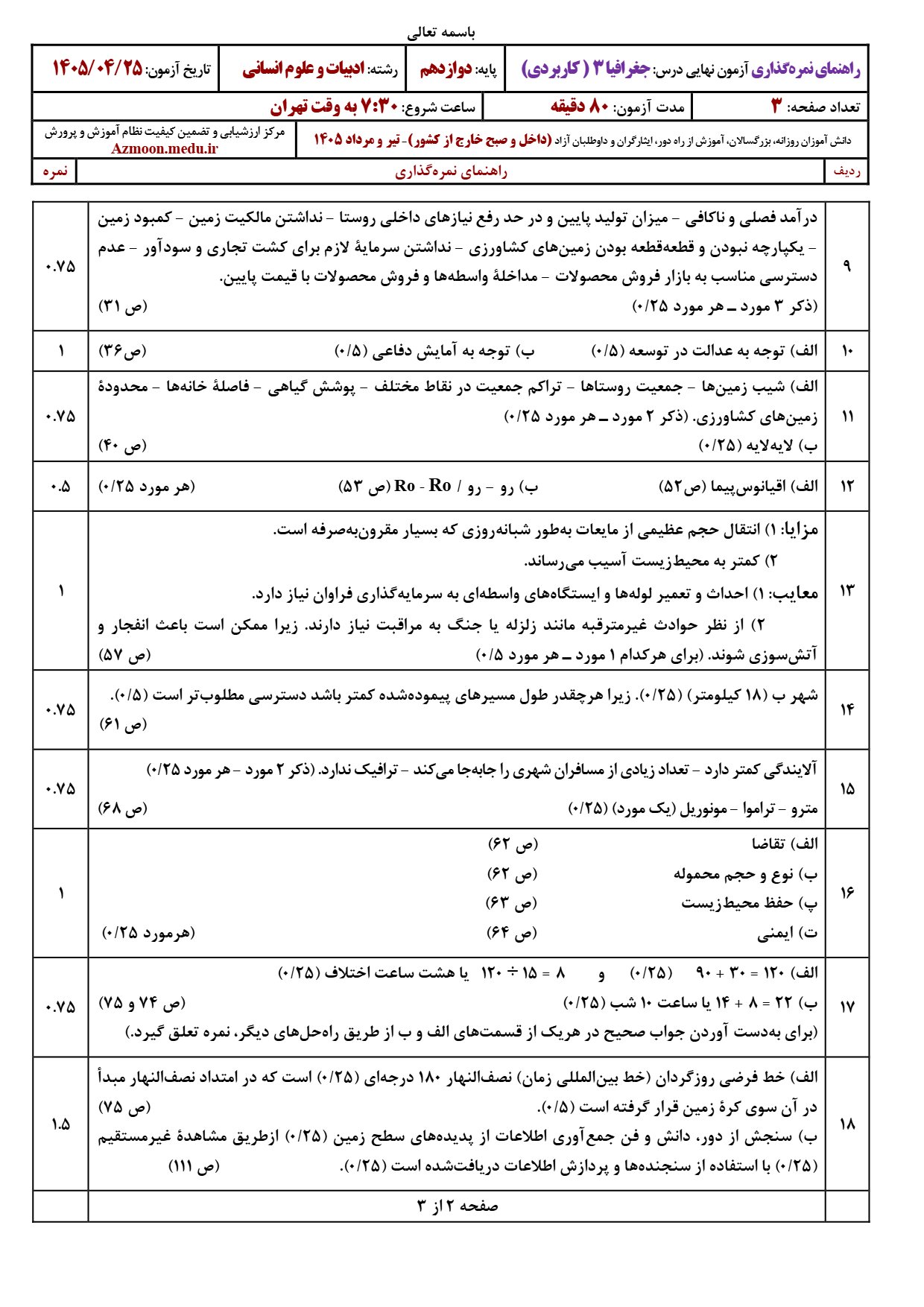 پاسخنامه امتحان نهایی جغرافیا دوازدهم تیر ۱۴۰۵