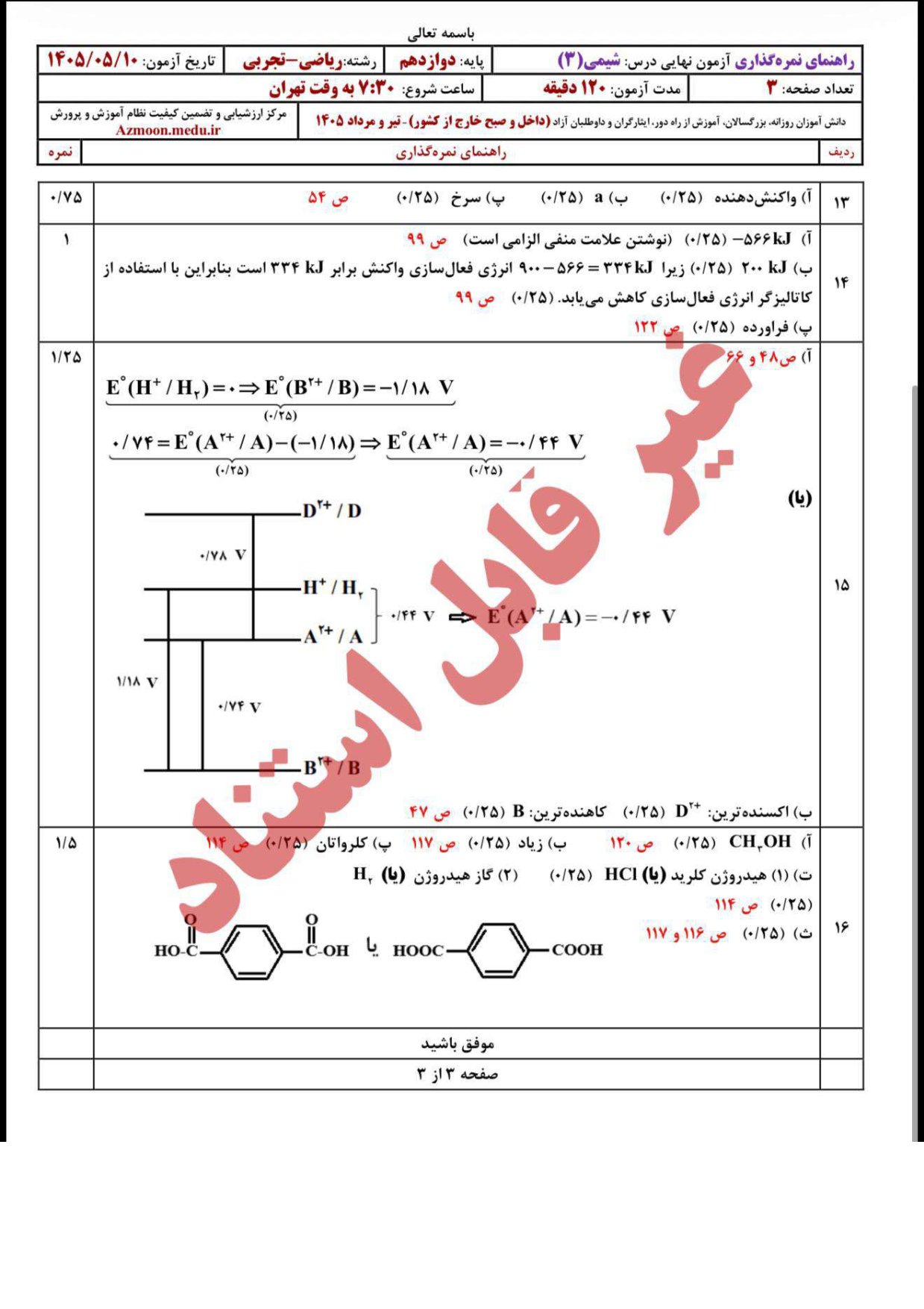 پاسخنامه سوالات امتحان نهایی شیمی دوازدهم ۱۴۰۵
