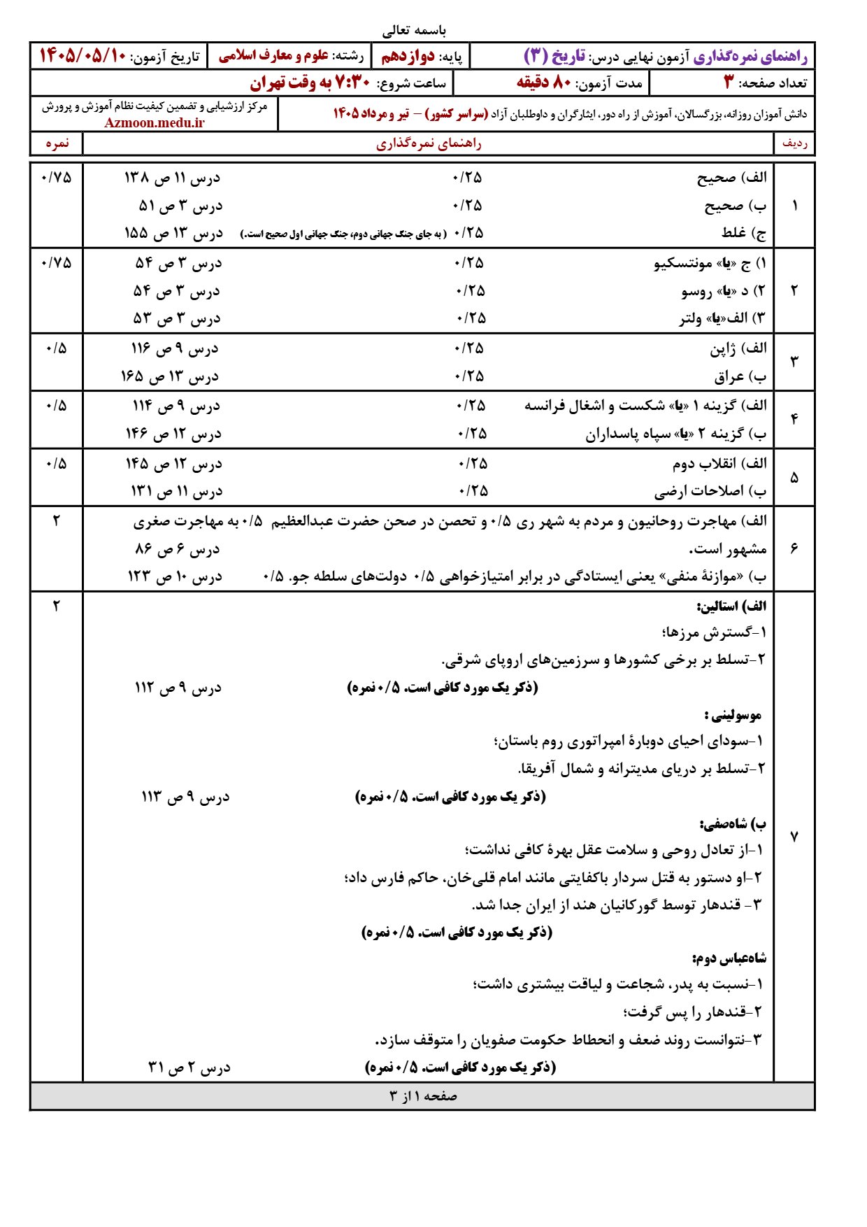 جواب سوالات امتحان نهایی تاریخ دوازدهم معارف تیر ۱۴۰۵