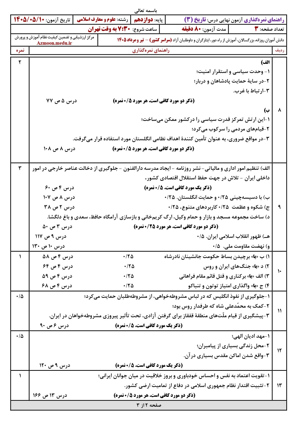 جواب سوالات امتحان نهایی تاریخ دوازدهم معارف تیر ۱۴۰۵