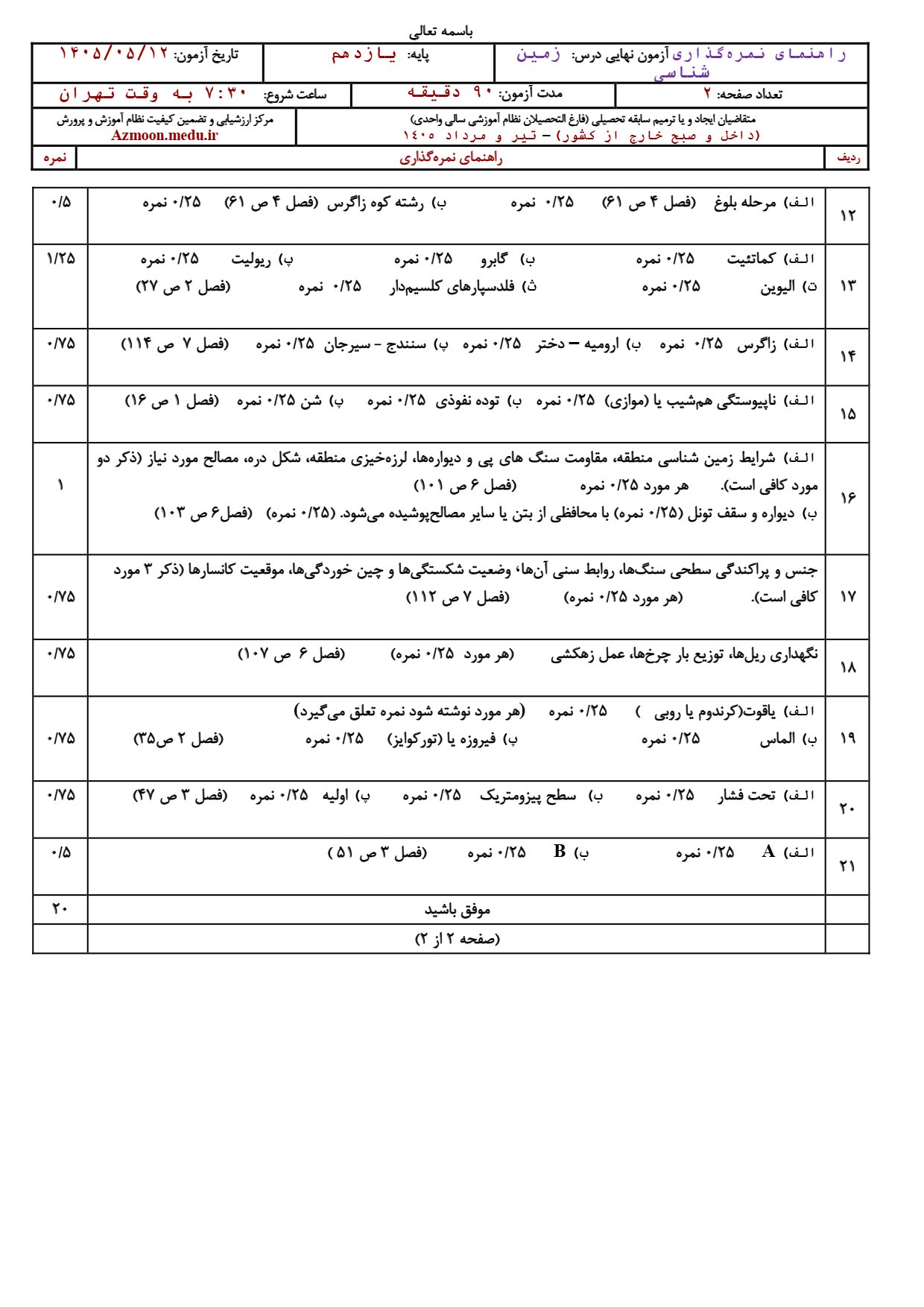 پاسخنامه امتحان نهایی زمین شناسی دوازدهم ۱۴۰۵
