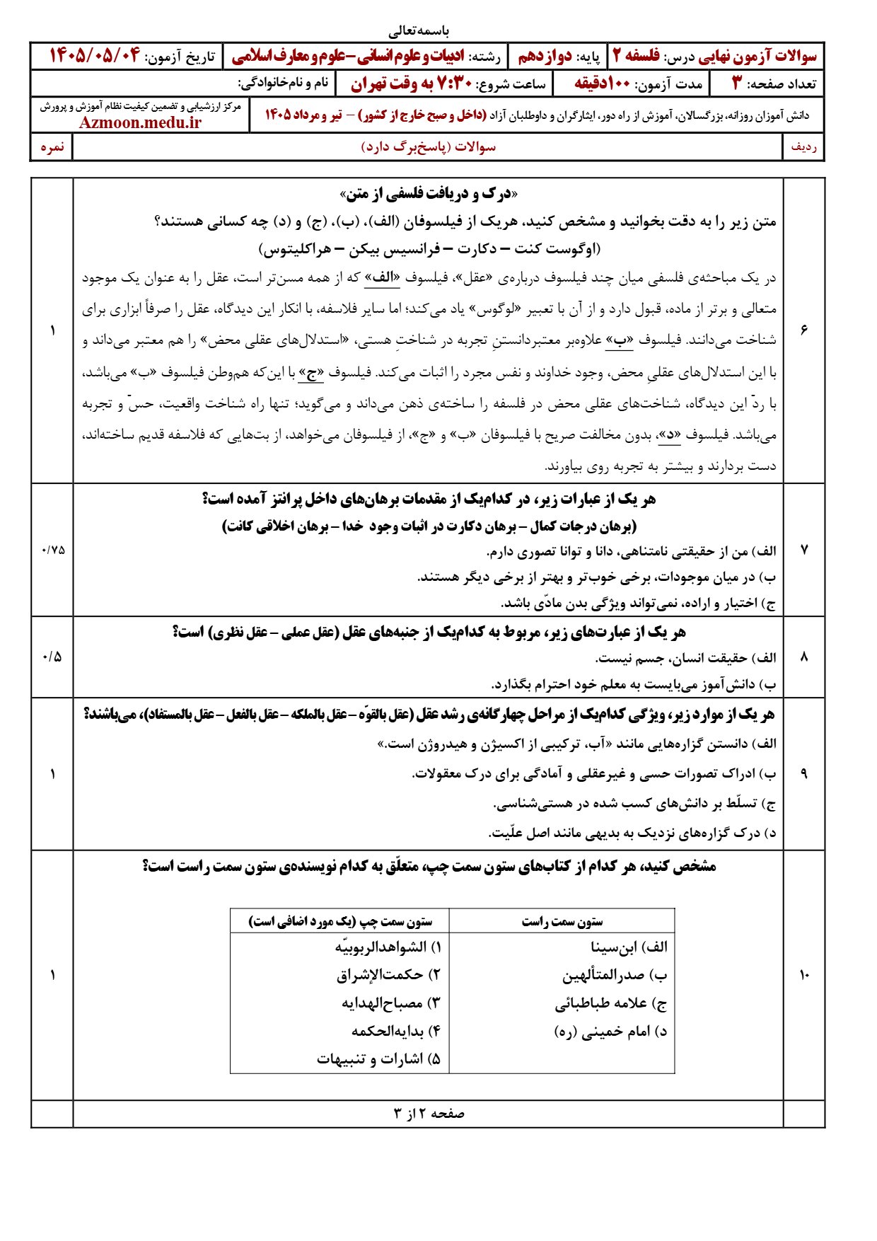 سوالات نهایی فلسفه دوازدهم ۱۴۰۵