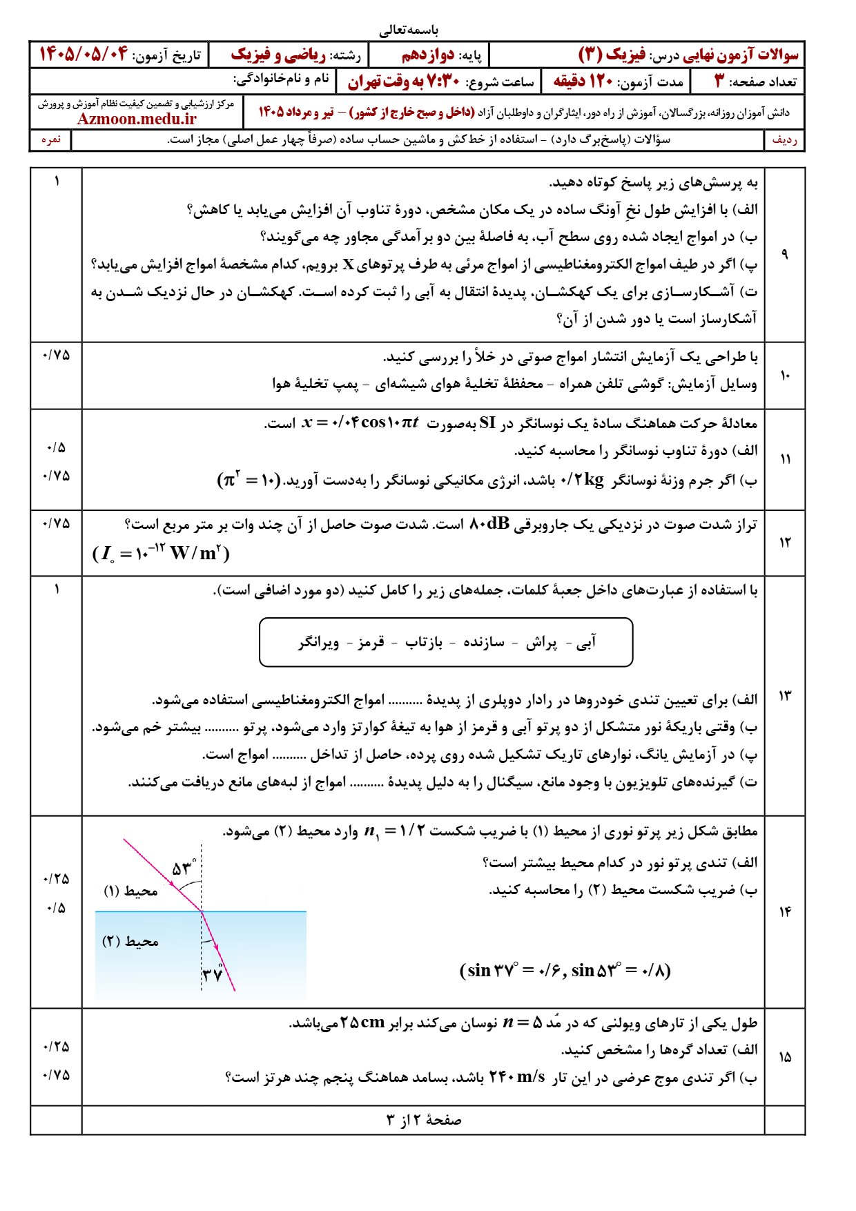سوالات نهایی فیزیک دوازدهم ریاضی ۱۴۰۵