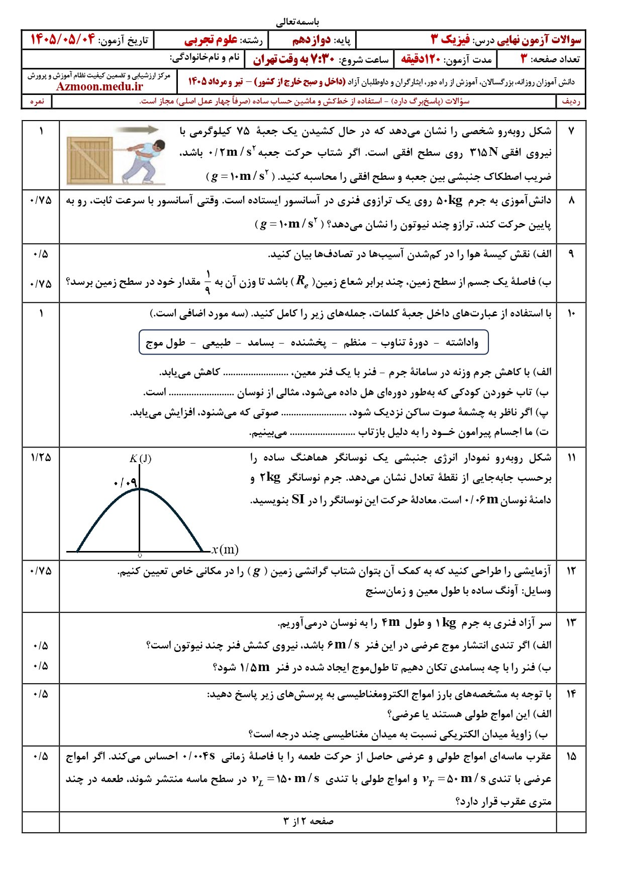 سوالات نهایی فیزیک دوازدهم تجربی ۱۴۰۵