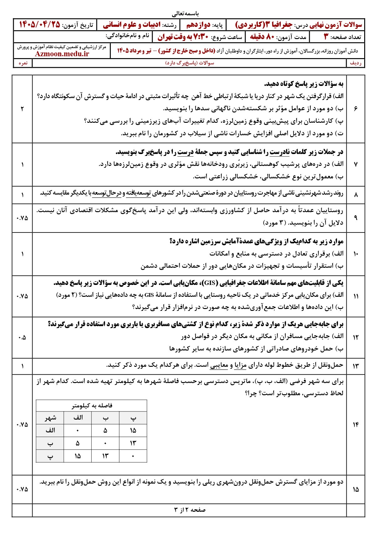 سوالات امتحان نهایی جغرافیا دوازدهم تیر ۱۴۰۵