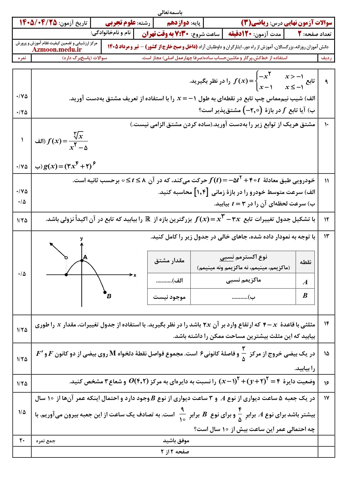 سوالات امتحان نهایی ریاضی دوازدهم تیر ۱۴۰۵