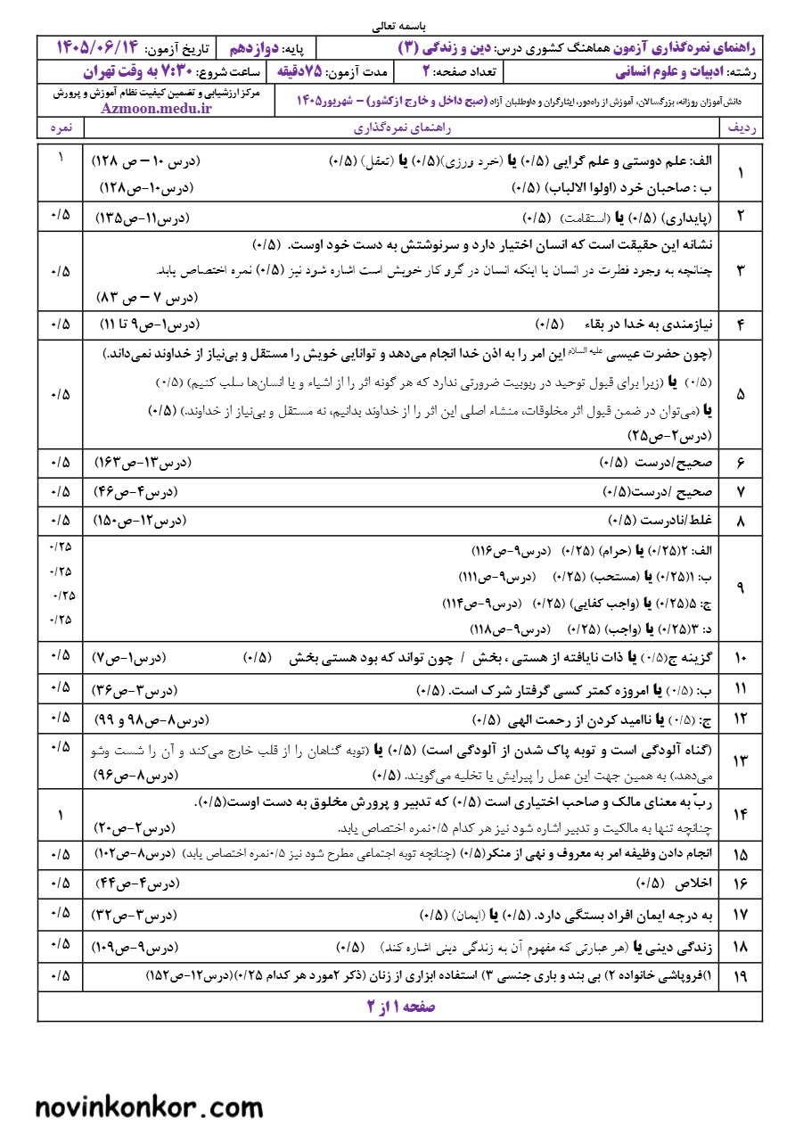جواب سوالات امتحان نهایی دین و زندگی دوازدهم شهریور ۱۴۰۵ رشته انسانی