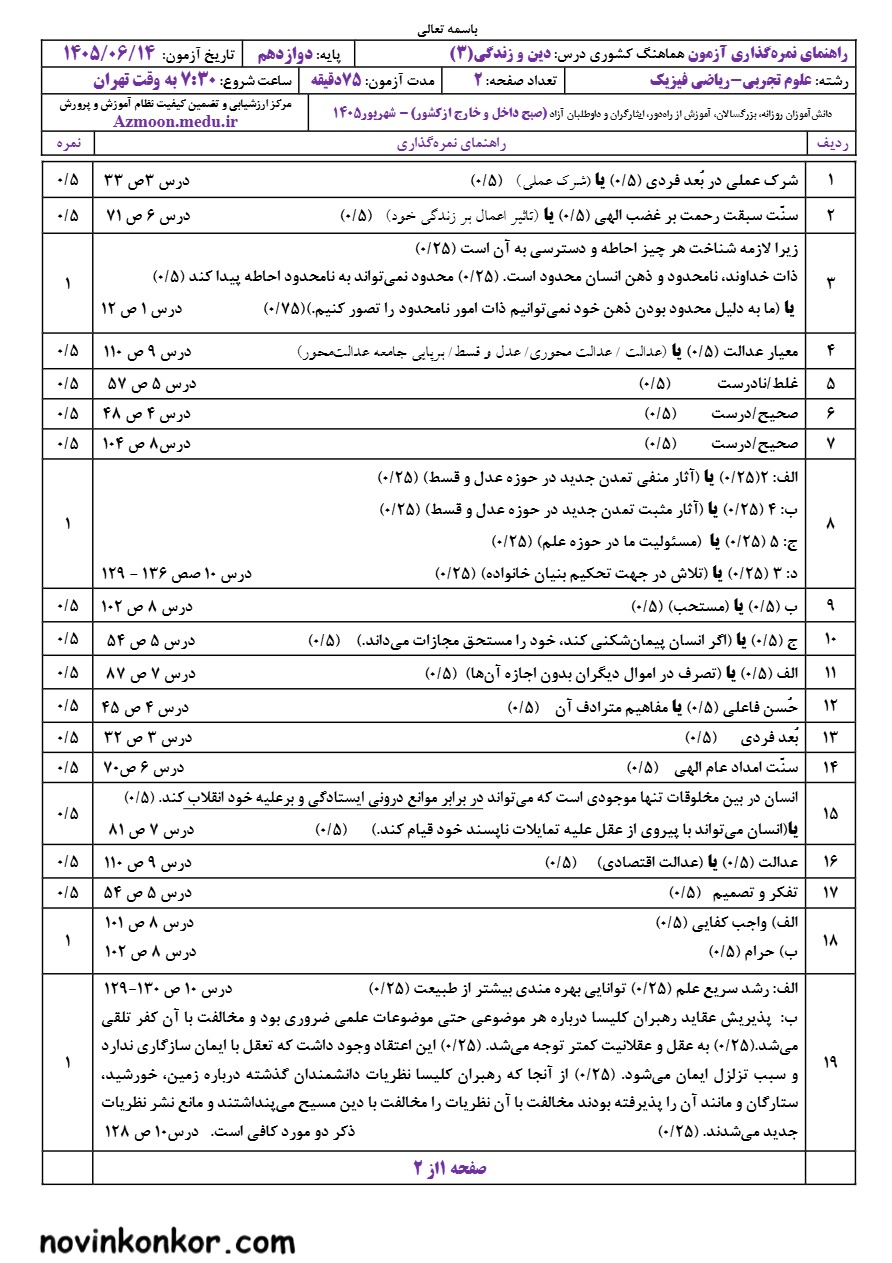 جواب سوالات امتحان نهایی دین و زندگی دوازدهم شهریور ۱۴۰۵