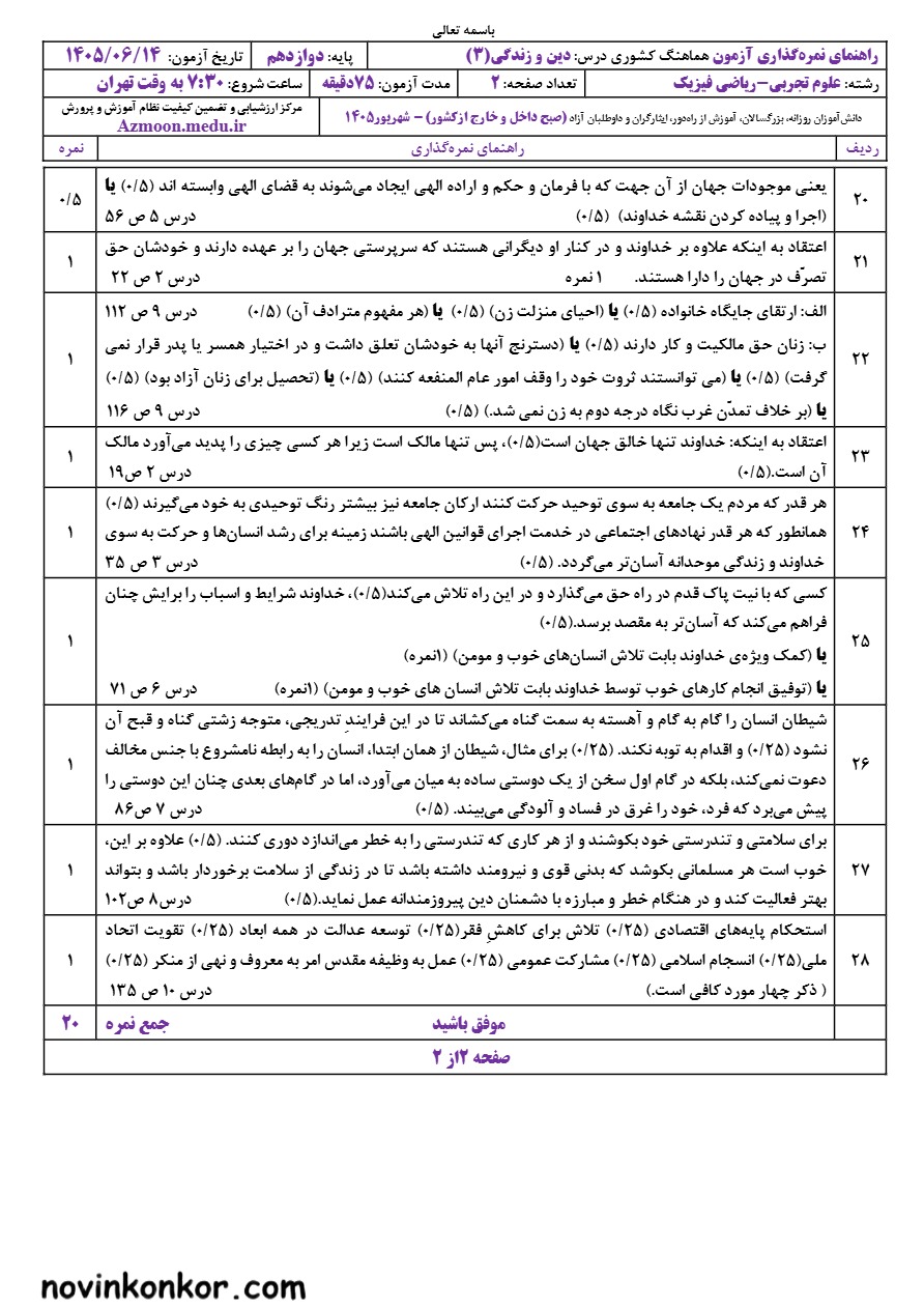 جواب سوالات امتحان نهایی دین و زندگی دوازدهم شهریور ۱۴۰۵