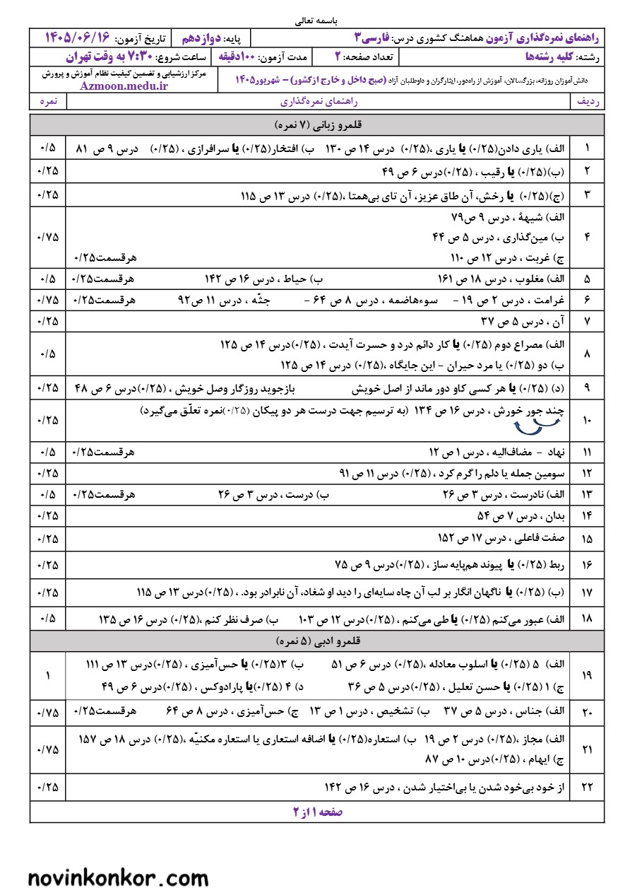 جواب سوالات امتحان نهایی فارسی دوازدهم شهریور ۱۴۰۵ 