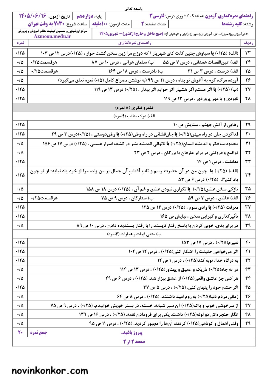 جواب سوالات امتحان نهایی فارسی دوازدهم شهریور ۱۴۰۵ 