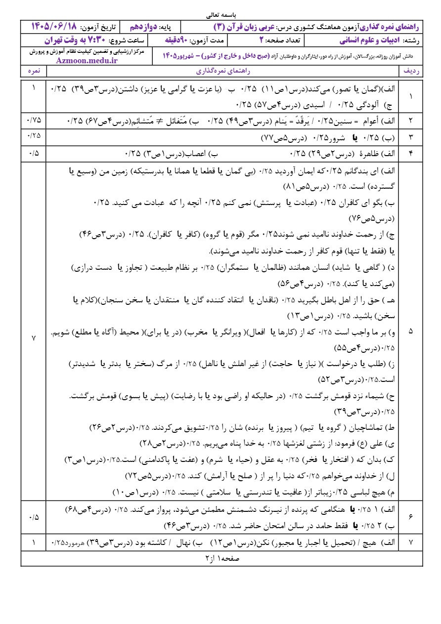 جواب سوالات نهایی عربی دوازدهم شهریور ۱۴۰۵ رشته انسانی