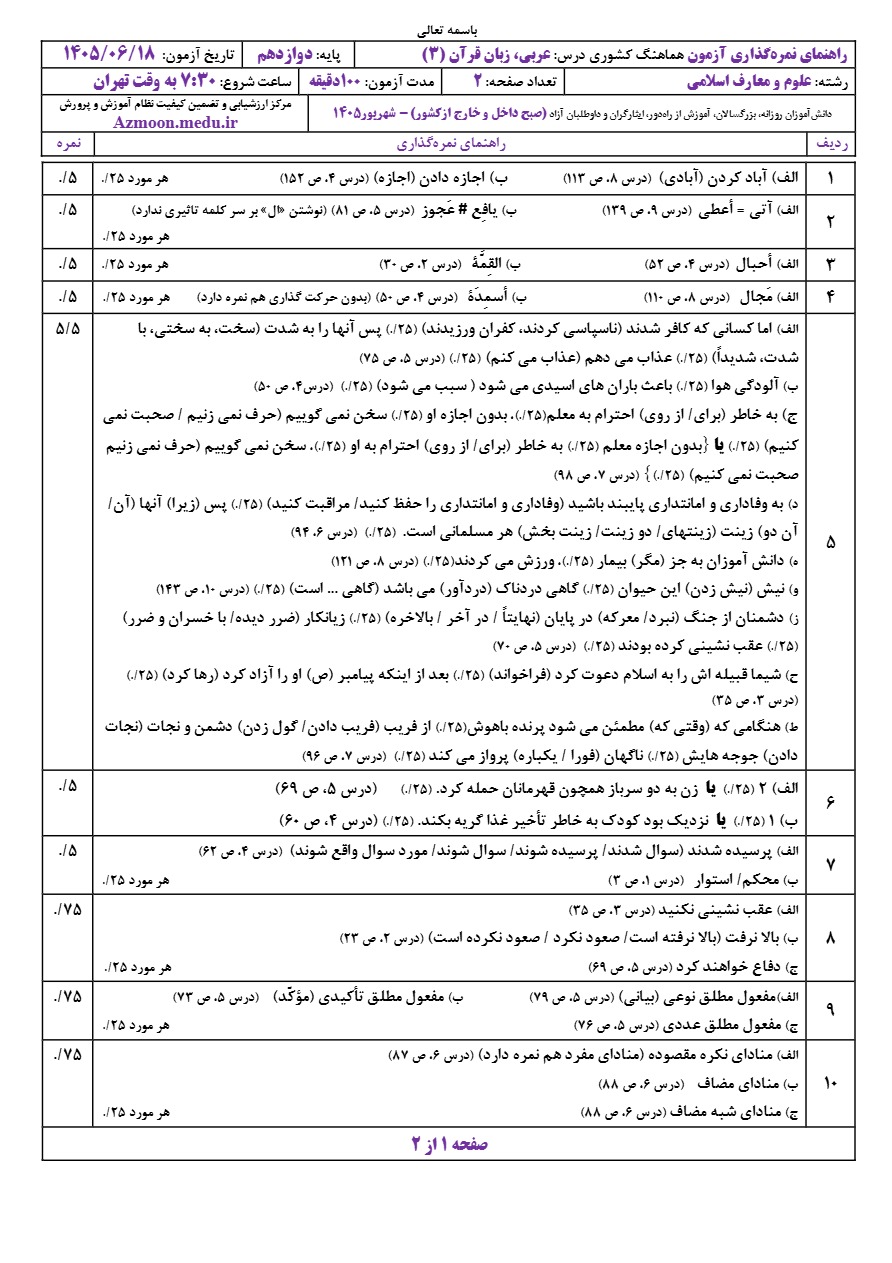 جواب سوالات نهایی عربی دوازدهم شهریور ۱۴۰۵ رشته معارف