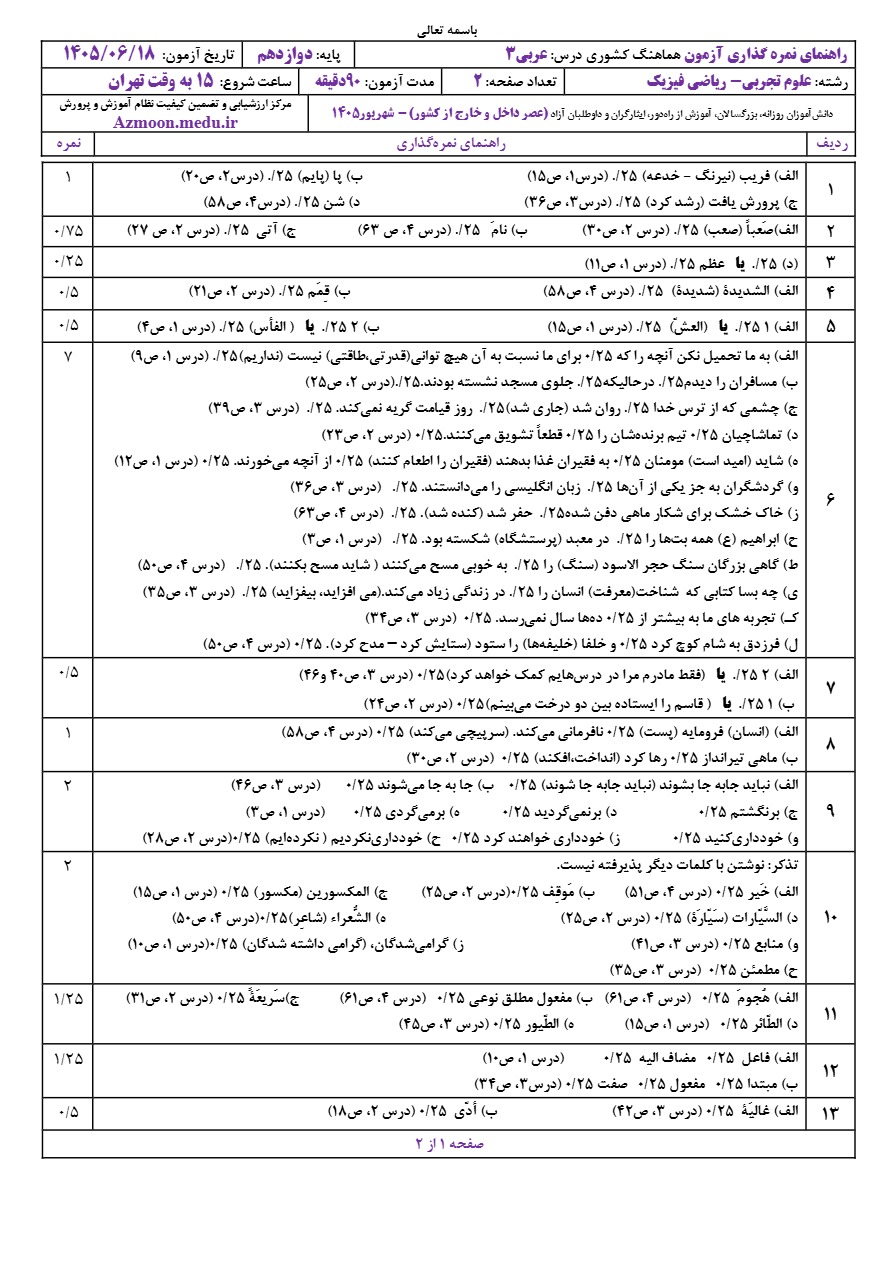 جواب سوالات نهایی عربی دوازدهم شهریور ۱۴۰۵ رشته تجربی و ریاضی