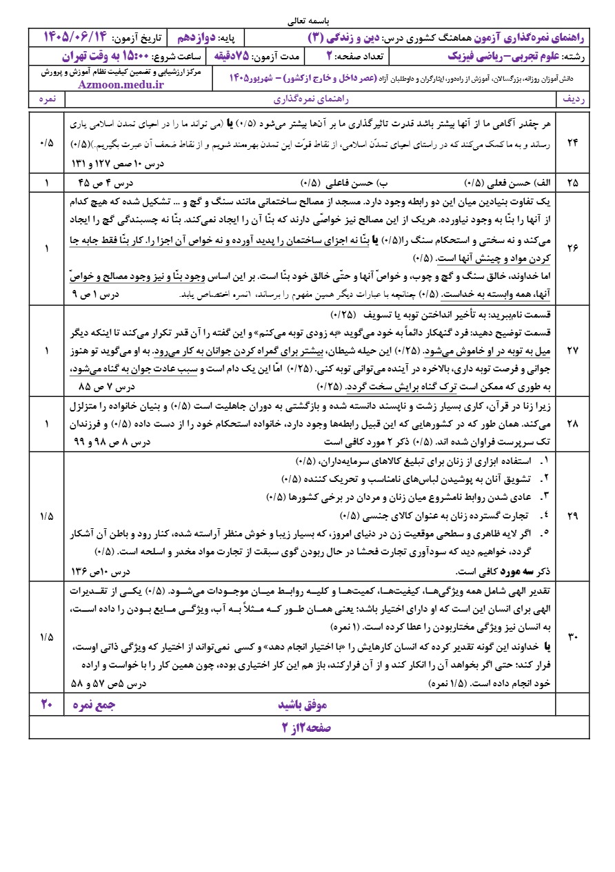 جواب سوالات امتحان نهایی دین و زندگی دوازدهم شهریور ۱۴۰۵