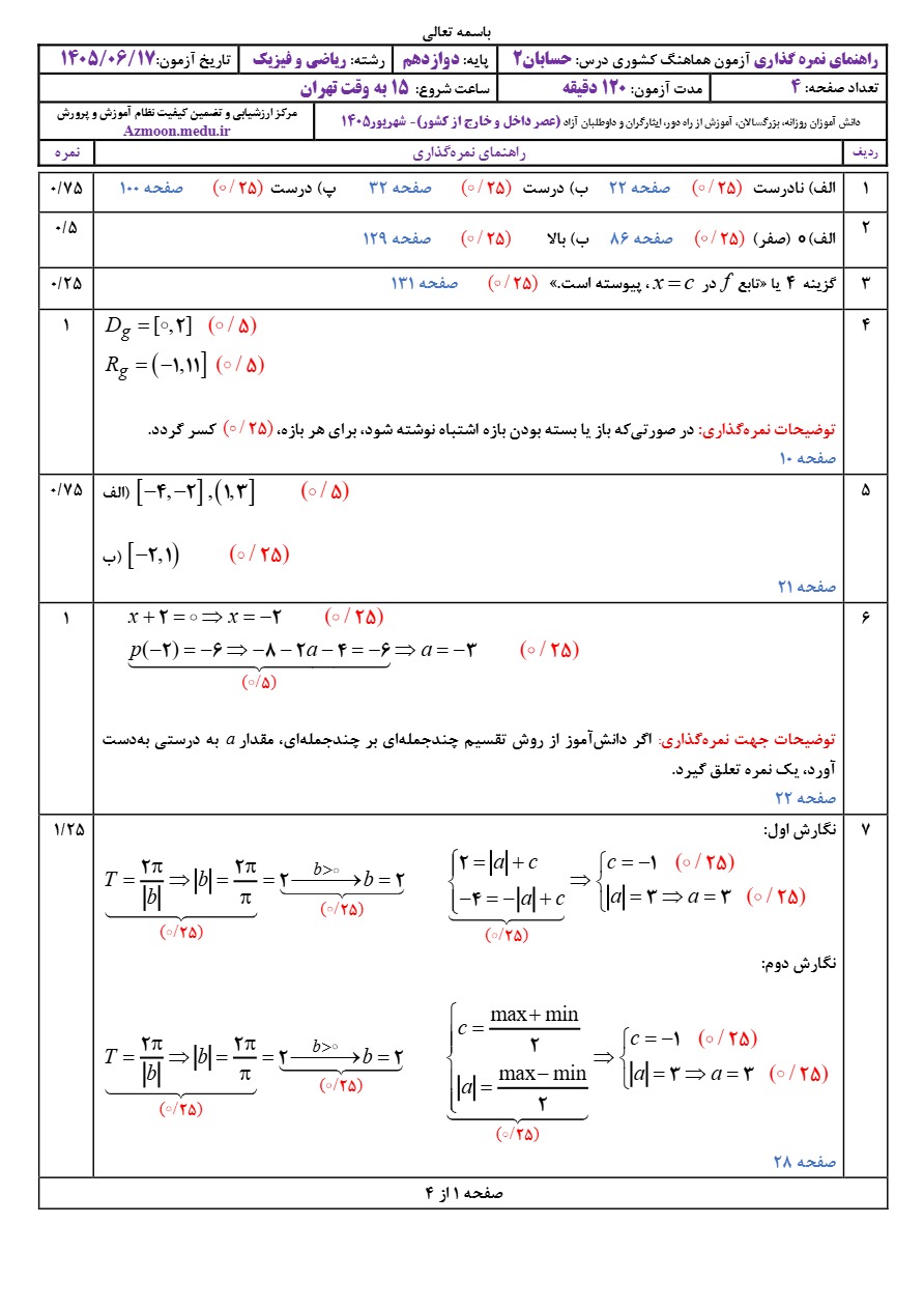جواب سوالات نهایی حسابان دوازدهم شهریور ۱۴۰۵
