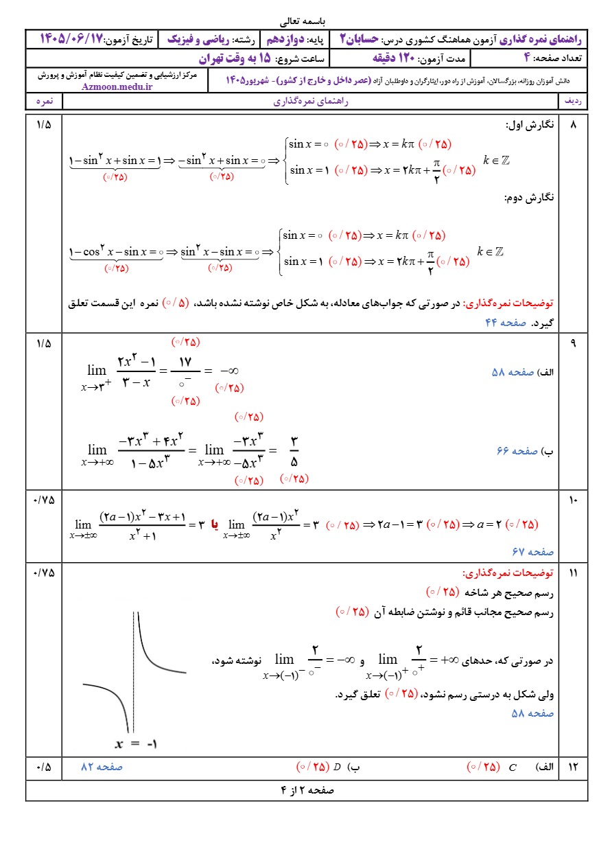 جواب سوالات نهایی حسابان دوازدهم شهریور ۱۴۰۵