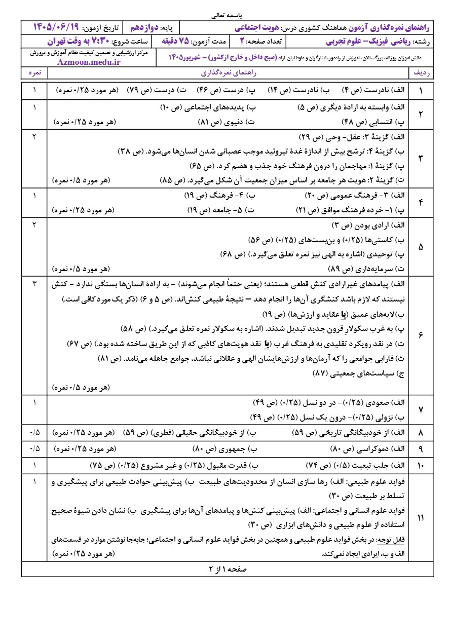 جواب سوالات نهایی هویت دوازدهم شهریور ۱۴۰۵