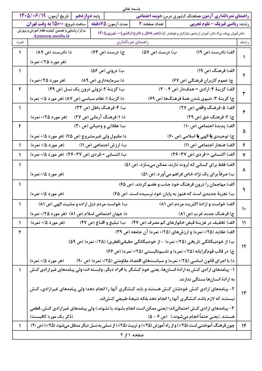 پاسخ سوالات نهایی هویت دوازدهم شهریور ۱۴۰۵