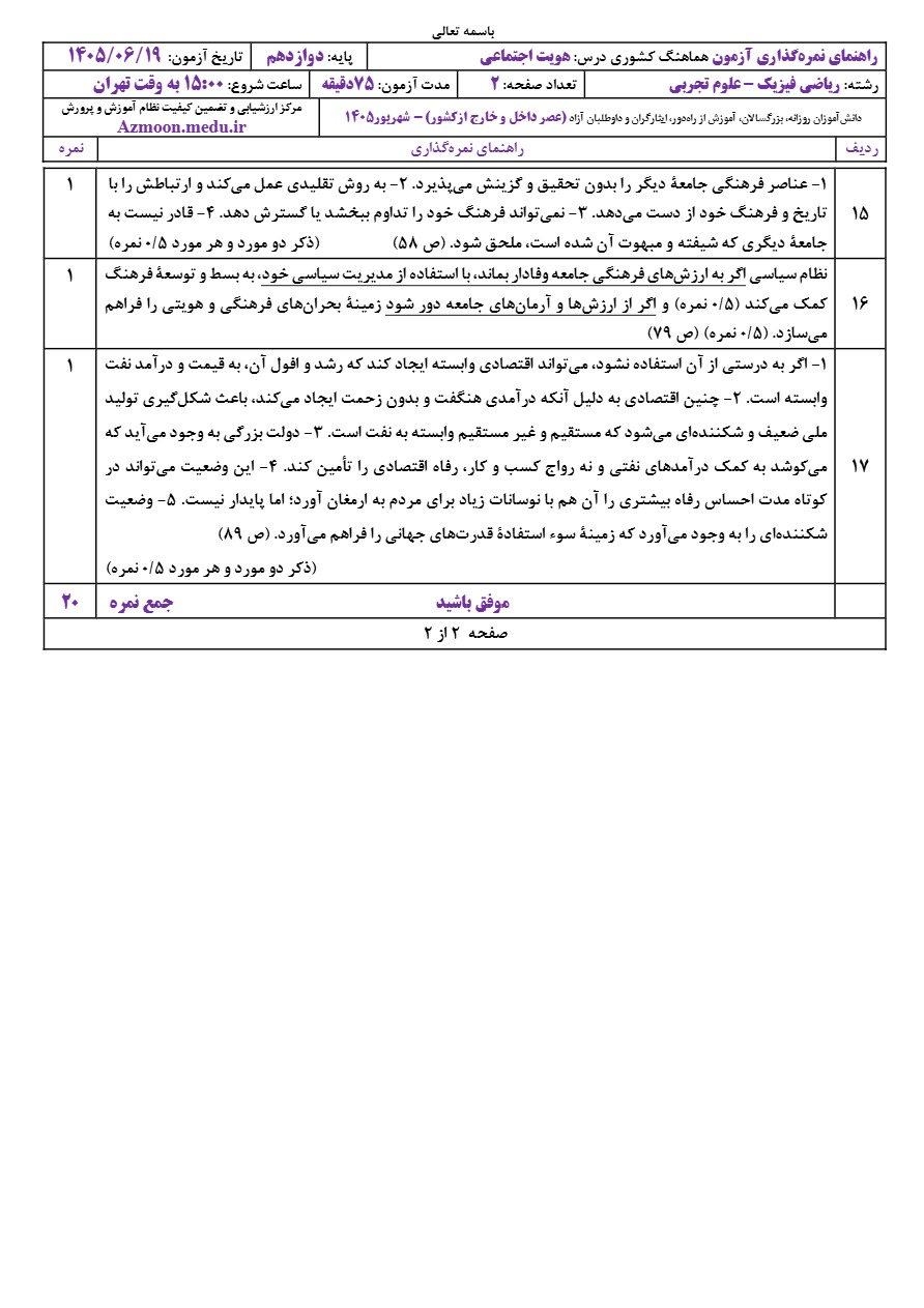 پاسخنامه سوالات نهایی هویت دوازدهم شهریور ۱۴۰۵