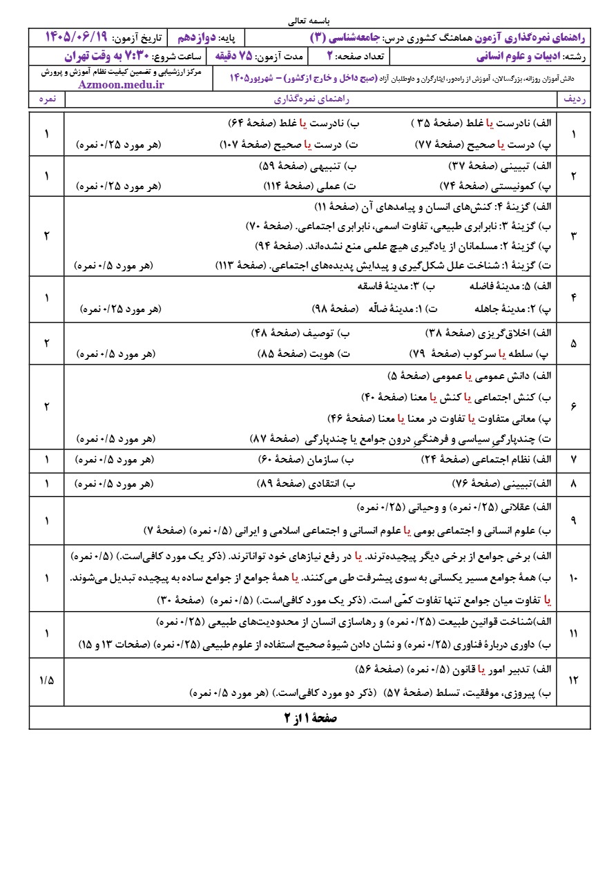 جواب سوالات نهایی جامعه شناسی دوازدهم شهریور ۱۴۰۵
