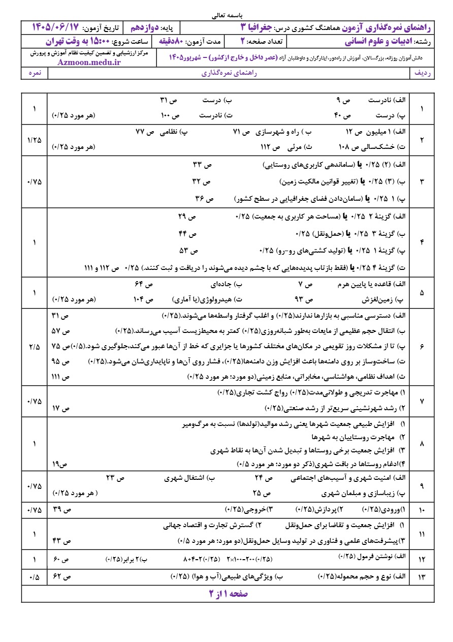 جواب سوالات نهایی جغرافیا دوازدهم شهریور ۱۴۰۵