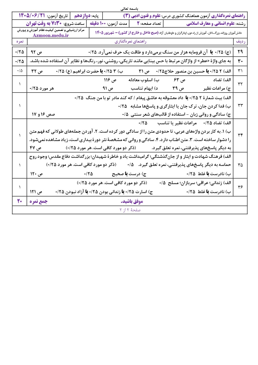 جواب سوالات امتحان نهایی علوم و فنون ادبی دوازدهم شهریور ۱۴۰۵