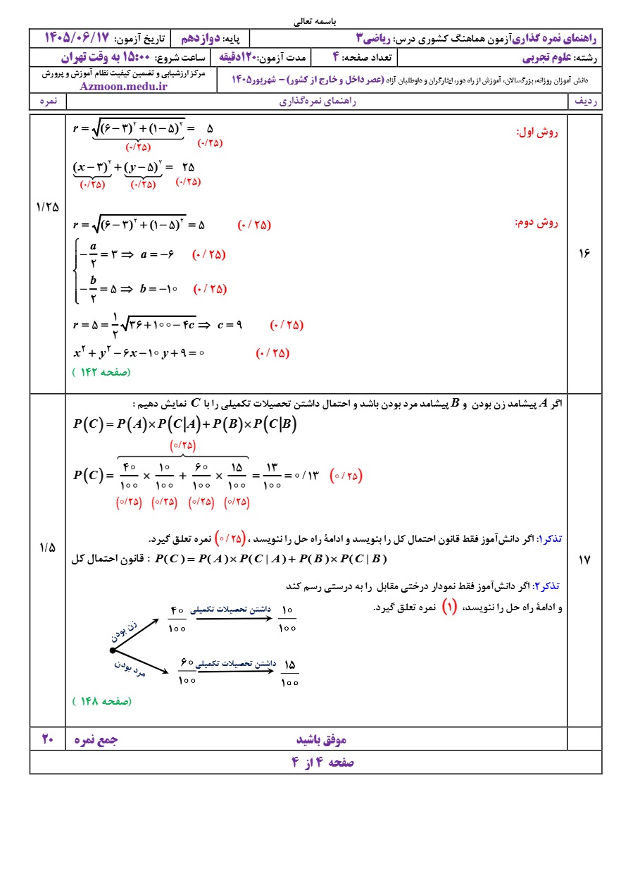 جواب سوالات نهایی ریاضی دوازدهم تجربی شهریور ۱۴۰۵