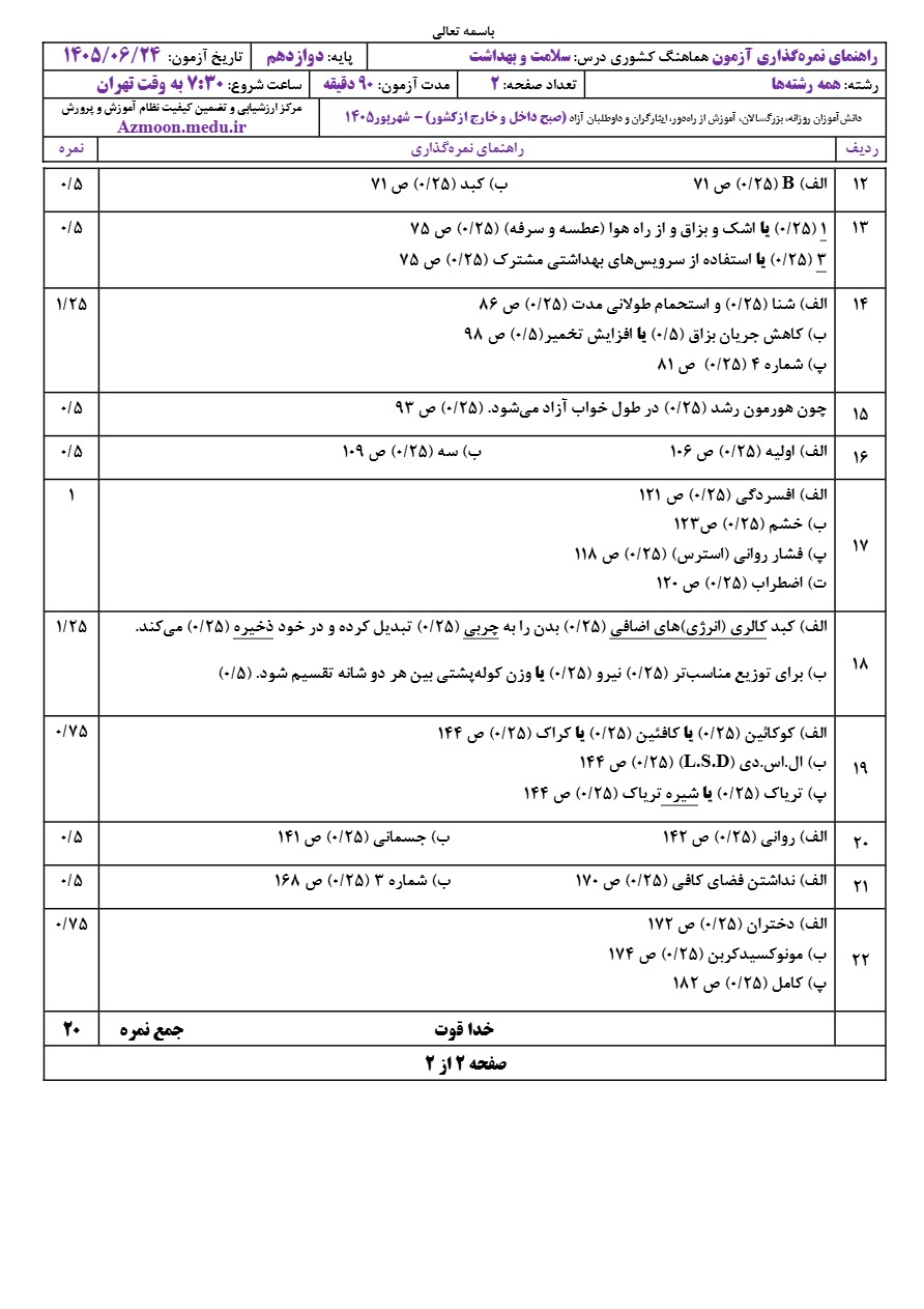 جواب سوالات امتحان نهایی سلامت و بهداشت دوازدهم شهریور ۱۴۰۵