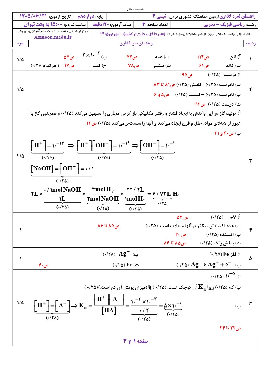 جواب سوالات امتحان نهایی شیمی دوازدهم شهریور ۱۴۰۵