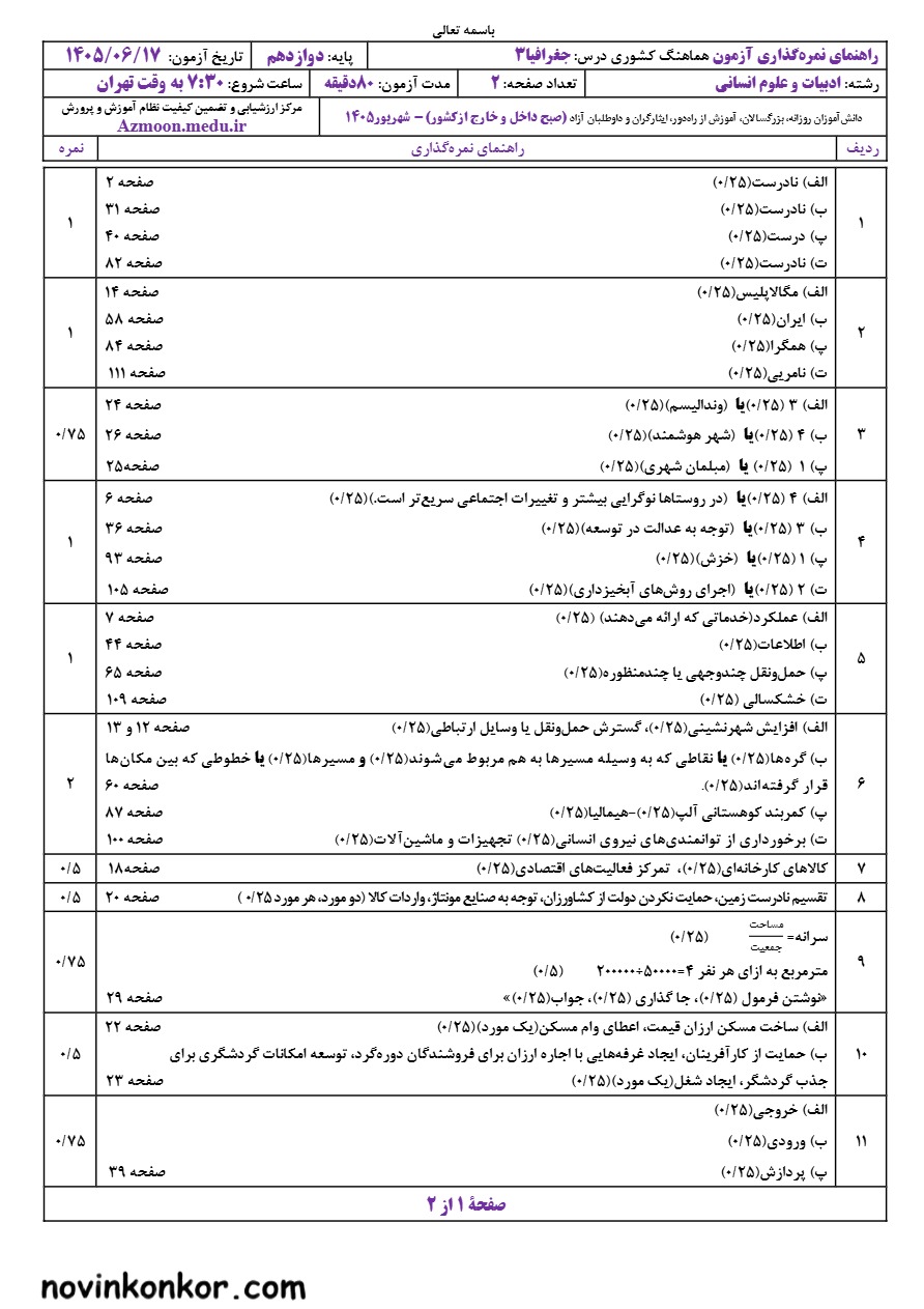 جواب سوالات نهایی جغرافیا دوازدهم شهریور ۱۴۰۵