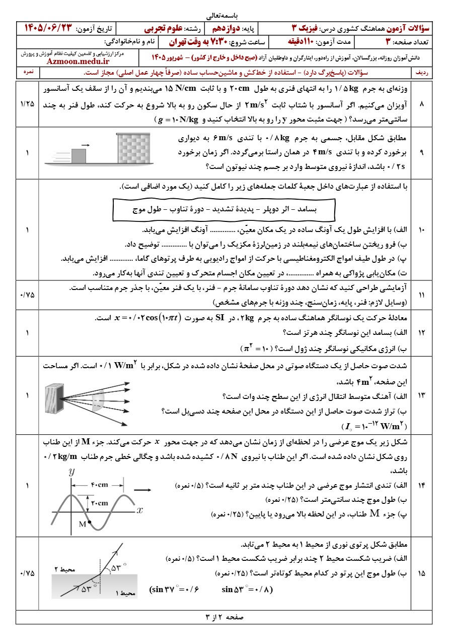 سوالات امتحان نهایی فیزیک دوازدهم تجربی شهریور ۱۴۰۵